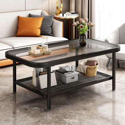 Glass Coffee Table Modern Rectangular Coffee Table 2-Tier Coffee Tables for Living Room with Storage Shelf Black Coffee Table with Sturdy Metal Legs Easy-to-Assembly for Living Room Bedroom (Size : 9