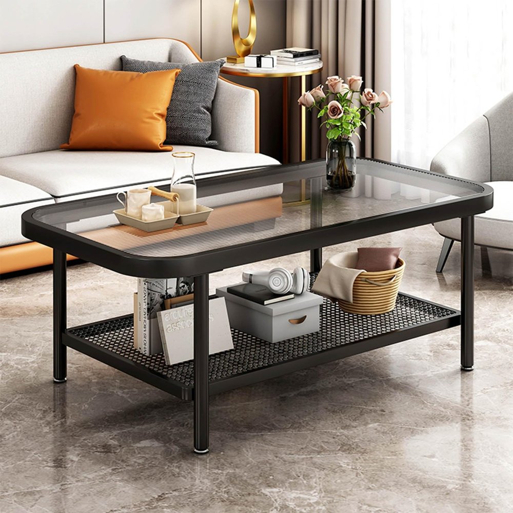 Glass Coffee Table Modern Rectangular Coffee Table 2-Tier Coffee Tables for Living Room with Storage Shelf Black Coffee Table with Sturdy Metal Legs Easy-to-Assembly for Living Room Bedroom (Size : 9