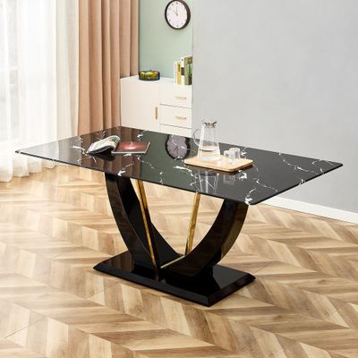 Ginxesh Modern Faux Marble Dining Table for 6-8,71'' Large Imitation Marble Grain Tempered Glass Top Kitchen Table with Black MDF Base,6 Person Dinner Table for Dining Room,Living Room,Home