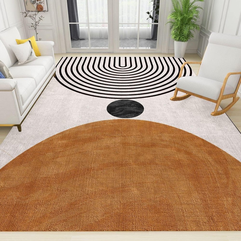 Abstract Boho Mountain Sun Area Rug, Modern Mid Century Geometry Art Soft Washable Rug, Anti-Slip Backing Decorative Rug for Living Room Bedroom Kitchen Dining Room Home Rug Laundry Room 6.6ftx5.3ft