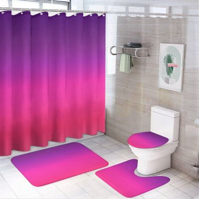 4pcs Shower Curtain Sets, Purple and Pink Ombre Design Bathroom Sets with Shower Curtain, Bath Rug, U Shaped Contour Mat & Toilet Lid Cover