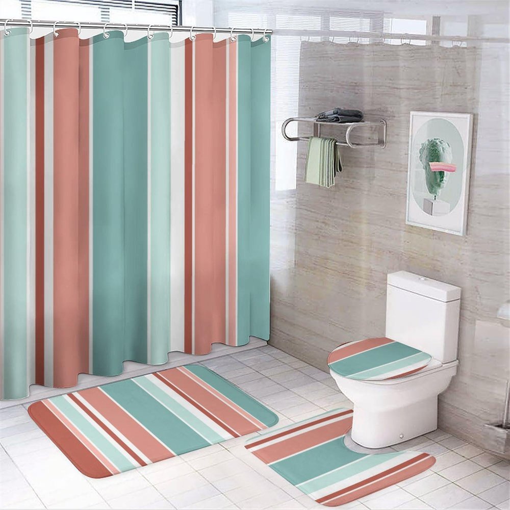 4pcs Shower Curtain Sets, Teal Coral Red Orange White Stripes Bathroom Sets with Shower Curtain, Bath Rug, U Shaped Contour Mat & Toilet Lid Cover
