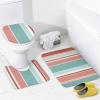 4pcs Shower Curtain Sets, Teal Coral Red Orange White Stripes Bathroom Sets with Shower Curtain, Bath Rug, U Shaped Contour Mat & Toilet Lid Cover view 4