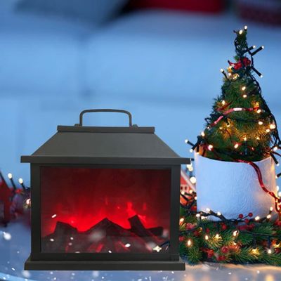 Small Cozy Fireplace Lantern Traditional Realistic Log Wood Burning Flame Effect Ligh LED Charcoal Style Table LampFor Indoor & Outdoor Use(11.4''X6.1''X11.2'')