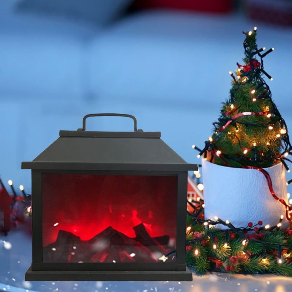 Small Cozy Fireplace Lantern Traditional Realistic Log Wood Burning Flame Effect Ligh LED Charcoal Style Table LampFor Indoor & Outdoor Use(11.4''X6.1''X11.2'')