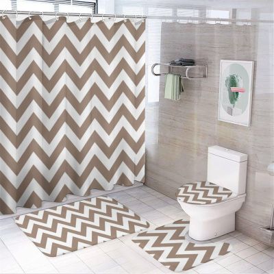 4pcs Shower Curtain Sets, Taupe Chevron Zigzag Stripe Pattern Bathroom Sets with Shower Curtain, Bath Rug, U Shaped Contour Mat & Toilet Lid Cover