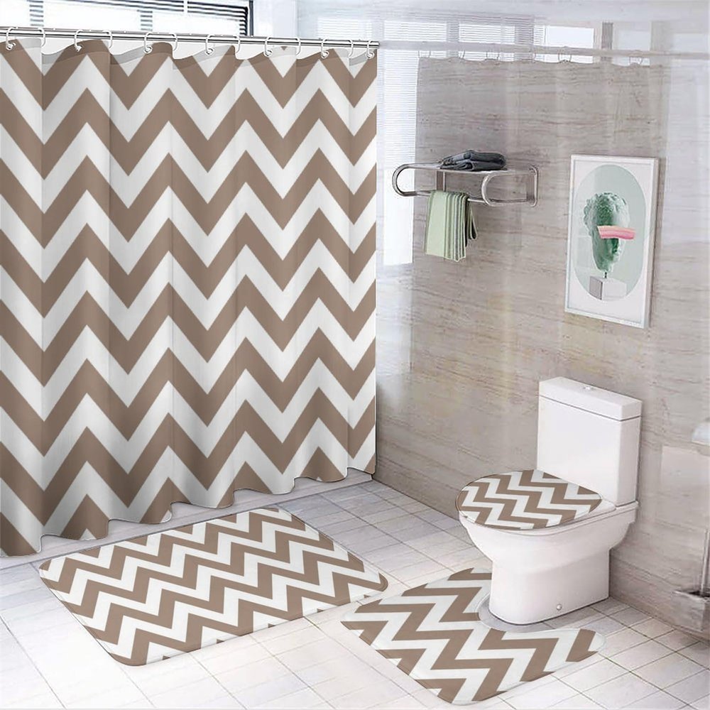 4pcs Shower Curtain Sets, Taupe Chevron Zigzag Stripe Pattern Bathroom Sets with Shower Curtain, Bath Rug, U Shaped Contour Mat & Toilet Lid Cover