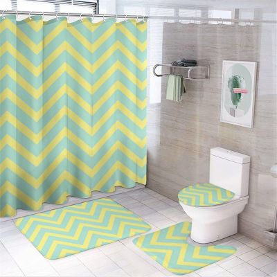 4pcs Shower Curtain Sets, Aqua Grey Yellow Chevron Pattern Bathroom Sets with Shower Curtain, Bath Rug, U Shaped Contour Mat & Toilet Lid Cover