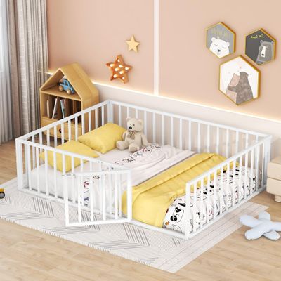 Queen Floor Bed Frame for Kids, Metal Montessori Floor Bed with Rails and Door, Queen Size Bed Frame with Fence-Shaped Guardrails, Floor Queen Bed for Kids, Boys, Girls (White, Queen Size)