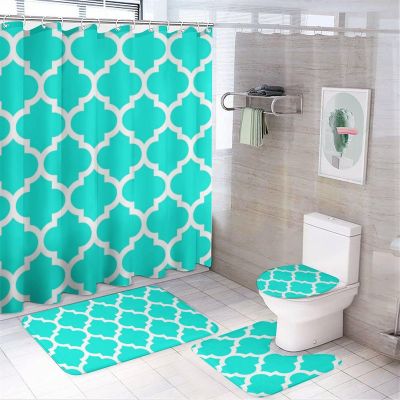 4pcs Shower Curtain Sets, Bright Aqua White Moroccan Quatrefoil Pattern Bathroom Sets with Shower Curtain, Bath Rug, U Shaped Contour Mat & Toilet Lid Cover