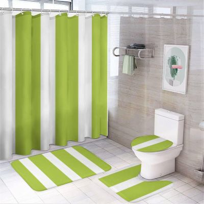 4pcs Shower Curtain Sets, Lime Green and White Striped Bathroom Sets with Shower Curtain, Bath Rug, U Shaped Contour Mat & Toilet Lid Cover