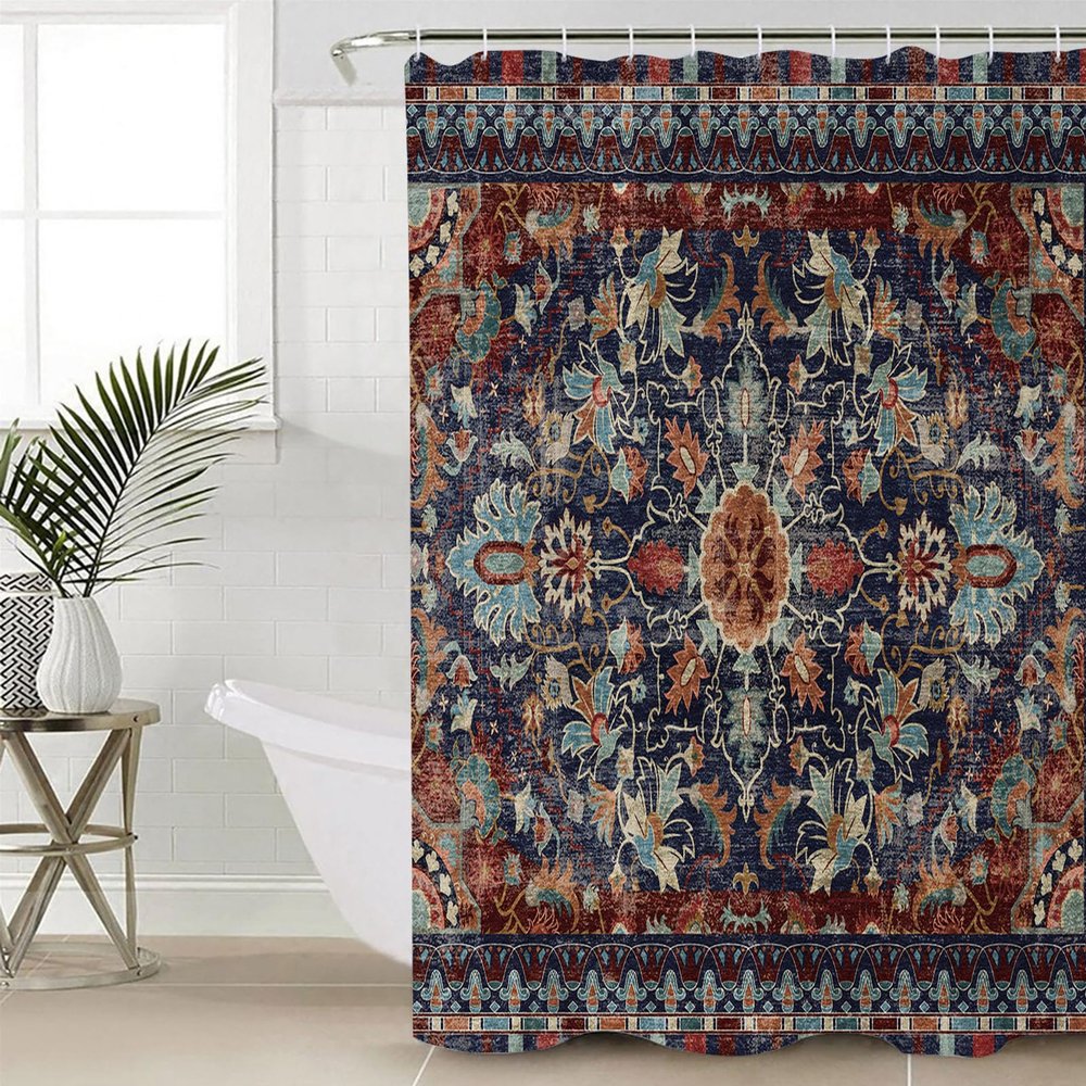 Anzona Retro Boho Waterproof Shower Curtains Set - Standard 66 x 72 Inch, Rustic Flowers Modern Geometric Abstract Art Polyester Fabric Bathroom Curtain with 12 Hooks, Bathroom Accessories, 1 Panel