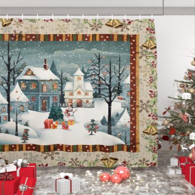 Anzona Christmas Waterproof Shower Curtains Set - Standard 66 x 72 Inch, Xmas Tree Snowman Bells Berry Winter Snowflake Polyester Fabric Bathroom Curtain with 12 Hooks, Bathroom Accessories, 1 Panel