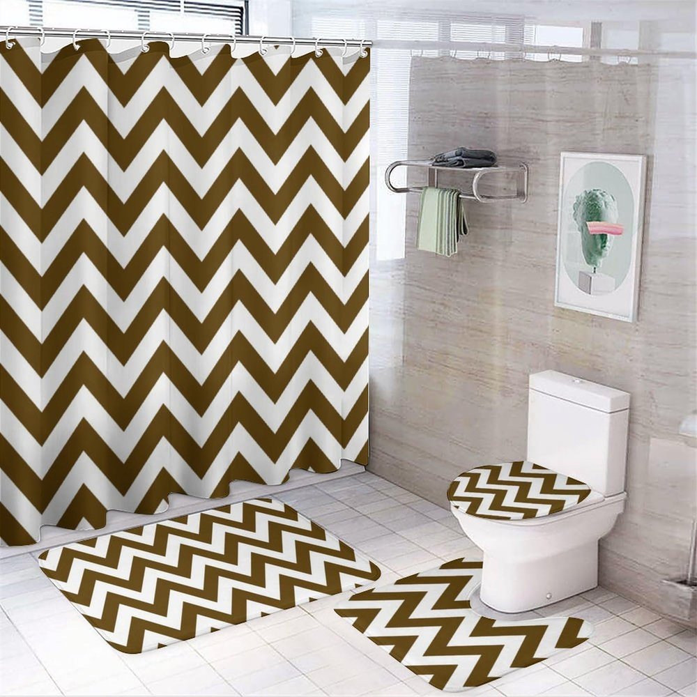 4pcs Shower Curtain Sets, Dark Brown Chevron Zigzag Pattern Bathroom Sets with Shower Curtain, Bath Rug, U Shaped Contour Mat & Toilet Lid Cover