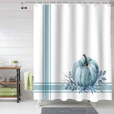Anzona Blue Pumpkins Fall Waterproof Shower Curtains Set - Extra Long 72 x 96 Inch, Thanksgiving Maple Leaf Blue Striped Polyester Fabric Bathroom Curtain with 12 Hooks, Bathroom Accessories, 1 Panel