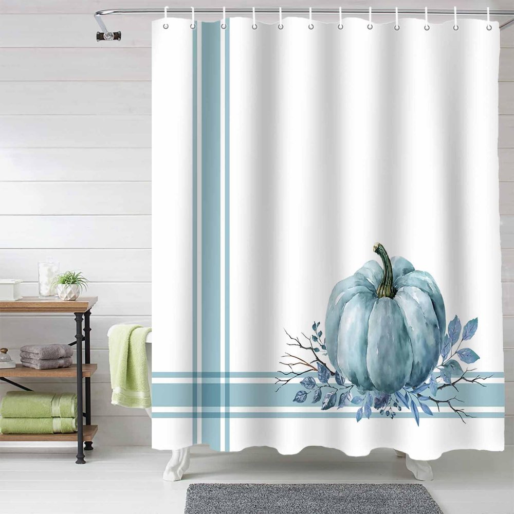 Anzona Blue Pumpkins Fall Waterproof Shower Curtains Set - Extra Long 72 x 96 Inch, Thanksgiving Maple Leaf Blue Striped Polyester Fabric Bathroom Curtain with 12 Hooks, Bathroom Accessories, 1 Panel