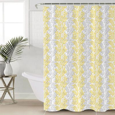 Yellow Grey Botanical Waterproof Shower Curtains Set - Extra Long 72 x 84 Inch, Pastoral Spring Summer Leaf Aesthetics Polyester Fabric Bathroom Curtain with 12 Hooks, Bathroom Accessories, 1 Panel