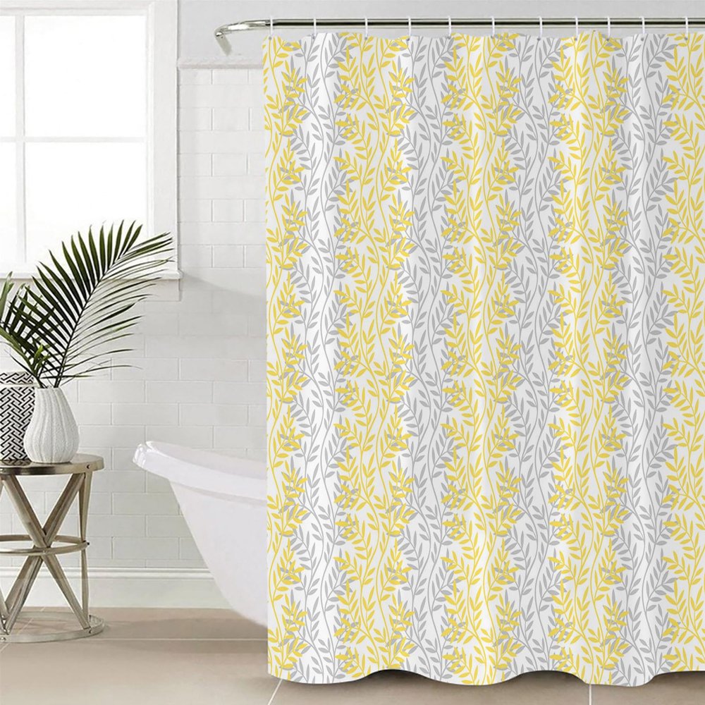 Yellow Grey Botanical Waterproof Shower Curtains Set - Extra Long 72 x 84 Inch, Pastoral Spring Summer Leaf Aesthetics Polyester Fabric Bathroom Curtain with 12 Hooks, Bathroom Accessories, 1 Panel