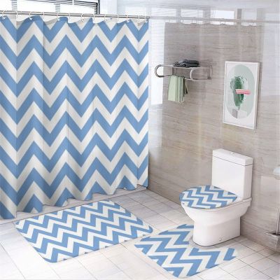 4pcs Shower Curtain Sets, Blue Chevron Zigzag Pattern Bathroom Sets with Shower Curtain, Bath Rug, U Shaped Contour Mat & Toilet Lid Cover