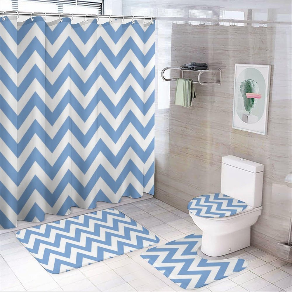 4pcs Shower Curtain Sets, Blue Chevron Zigzag Pattern Bathroom Sets with Shower Curtain, Bath Rug, U Shaped Contour Mat & Toilet Lid Cover