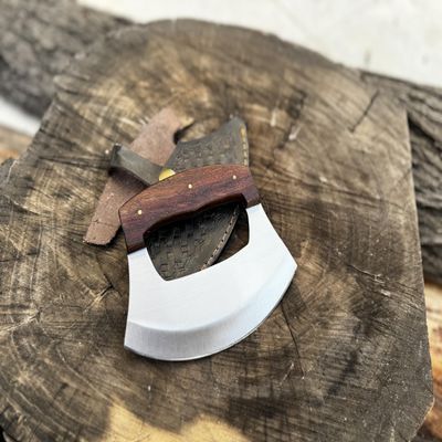 Damascus steel Ulu Knife Pizza Cutter Rocker Knife Mezzaluna Knife with Base, Classic Walnutwood and Sharp Stainless Steel Blades, Ideal for Chopping Herbs or Salads- Essential Kitchen Knives (steel)