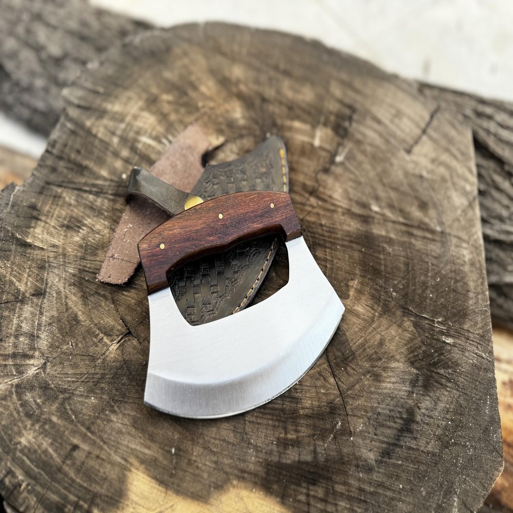 Damascus steel Ulu Knife Pizza Cutter Rocker Knife Mezzaluna Knife with Base, Classic Walnutwood and Sharp Stainless Steel Blades, Ideal for Chopping Herbs or Salads- Essential Kitchen Knives (steel)