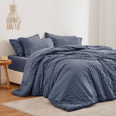 Love's cabin Seersucker Navy Blue Queen Comforter Set, 7-Piece All Season Lightweight Bed in a Bag Bedding Set with Comforter, Flat Sheet, Fitted Sheet, Pillowcases and Shams