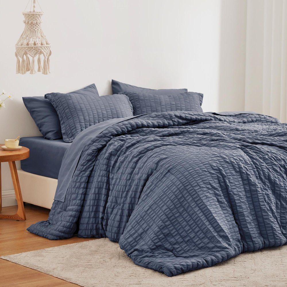 Love's cabin Seersucker Navy Blue Queen Comforter Set, 7-Piece All Season Lightweight Bed in a Bag Bedding Set with Comforter, Flat Sheet, Fitted Sheet, Pillowcases and Shams