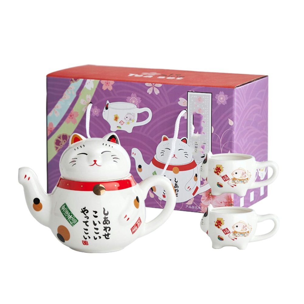 Ceramic Tea Pot, Japanese Filter Tea Set, One Pot, Two Cups, Household Cute and Fun Lucky Cat Tea Set for office home restaurant-Red one pot, two cups, no tray