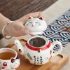 Ceramic Tea Pot, Japanese Filter Tea Set, One Pot, Two Cups, Household Cute and Fun Lucky Cat Tea Set for office home restaurant-Red one pot, two cups, no tray view 4