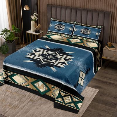 Manfei Aztec Bedspread King Size, Native American Coverlet Set 3pcs for Kids Boys Girls Room Decor, Retro Tribal Geometric Boho Quilted Coverlet with 2 Pillowcases, Soft Polyester Bedding Quilt
