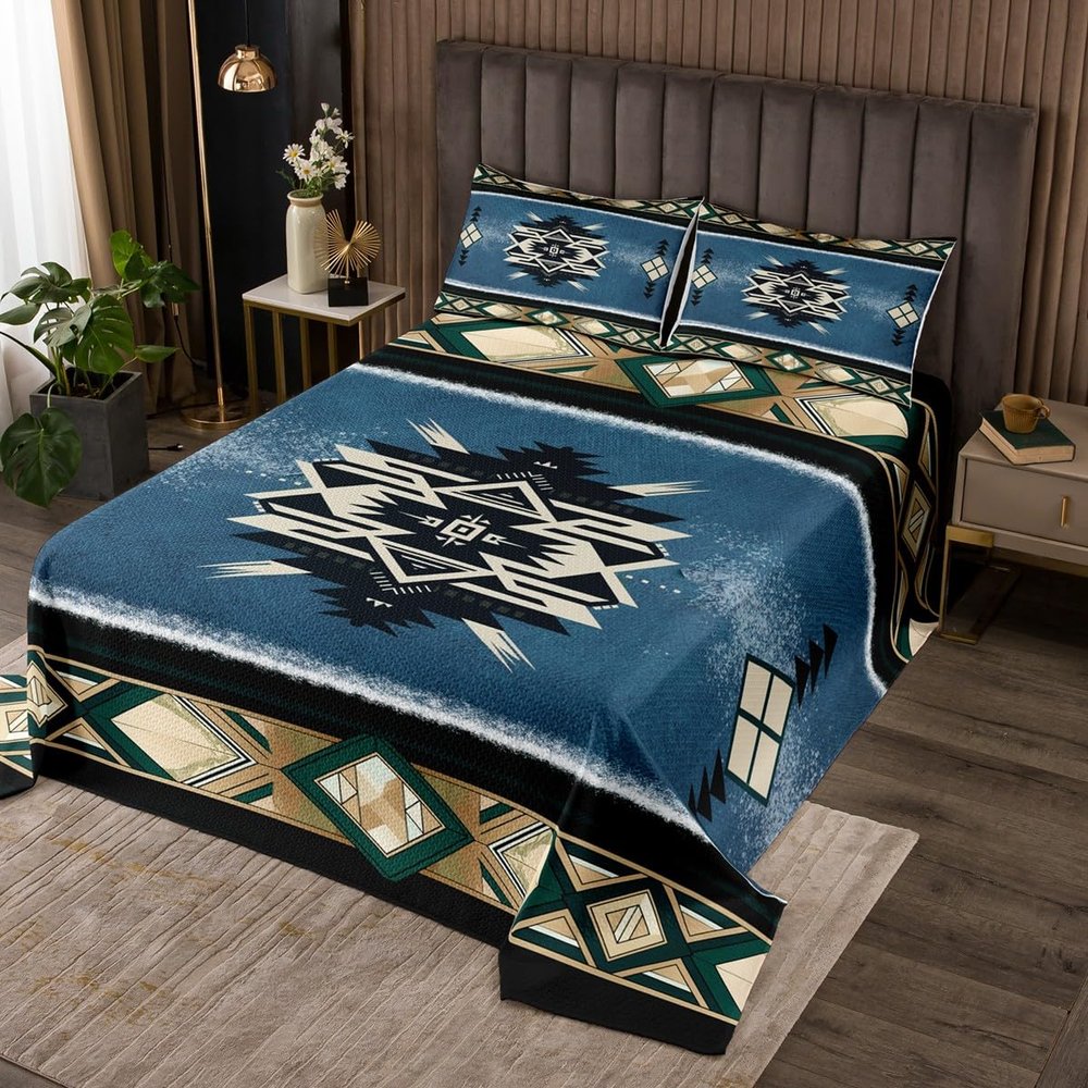 Manfei Aztec Bedspread King Size, Native American Coverlet Set 3pcs for Kids Boys Girls Room Decor, Retro Tribal Geometric Boho Quilted Coverlet with 2 Pillowcases, Soft Polyester Bedding Quilt