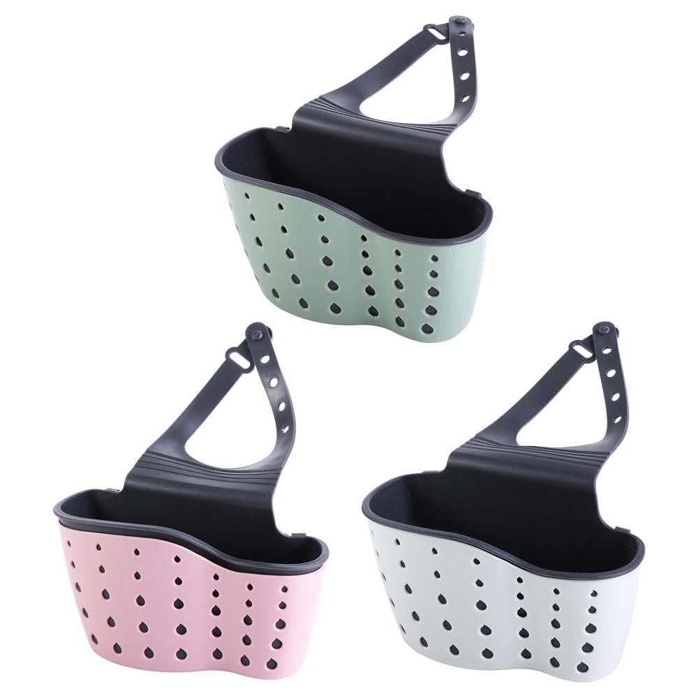 3 Pcs Kitchen Sink Hanging Basket with Adjustable Strap and Drain Holes, Space Saving Plastic Kitchen Sink Storage Basket Drain Shelf Sponge Holder