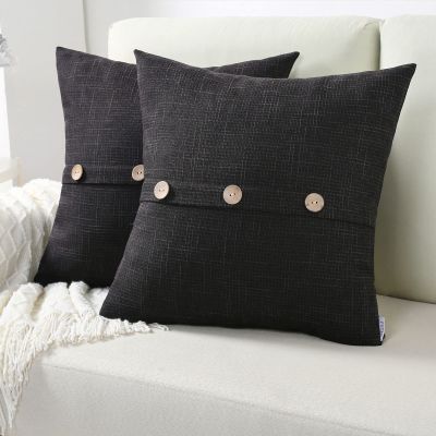 FUTEI Black Linen Decorative Throw Pillow Covers 18x18 Inch Set of 2, Square Cushion Case with Vintage Button/Zipper,Modern Farmhouse Home Decor for Couch,Bed