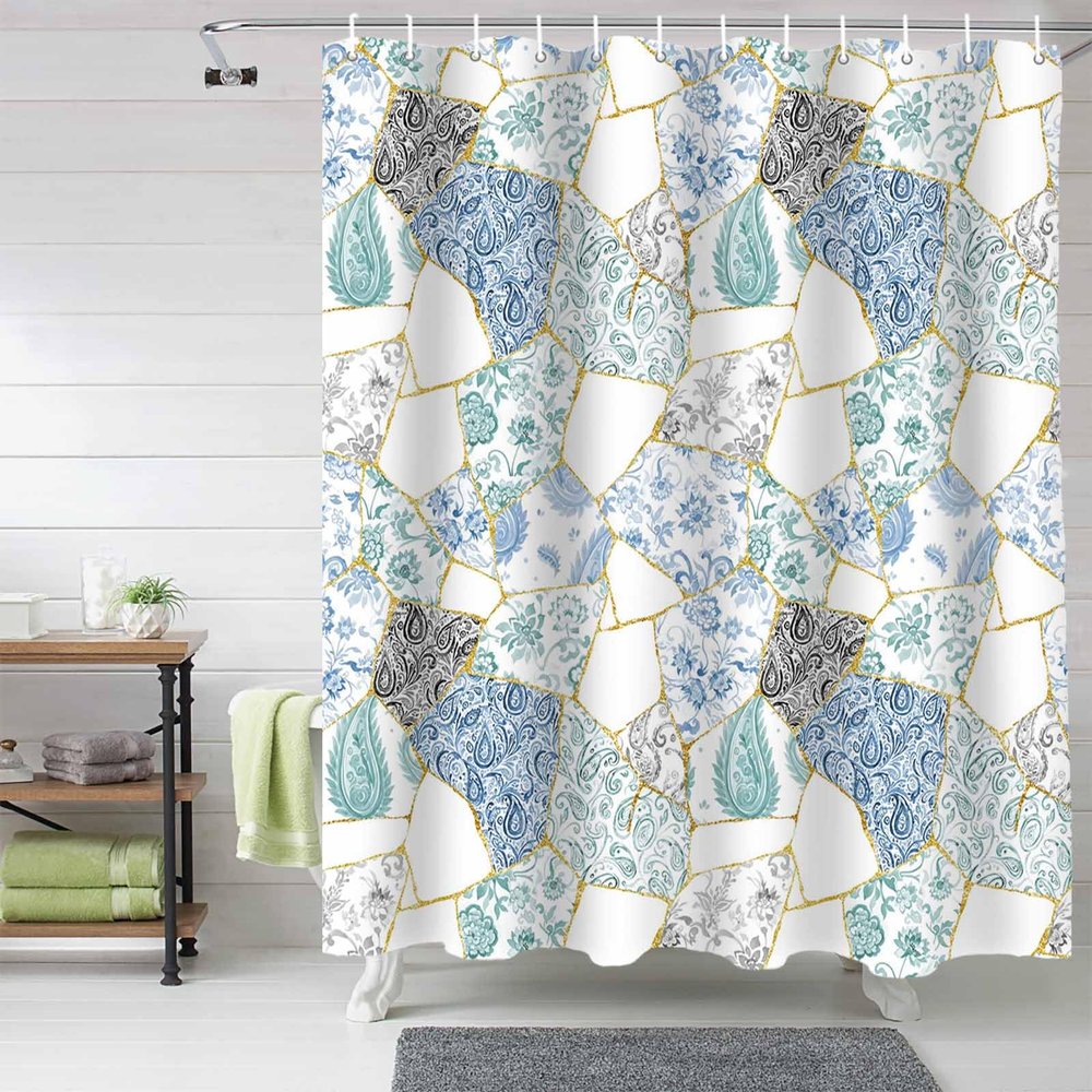 Blue and White Porcelain Waterproof Shower Curtains Set - Extra Long 72 x 84 Inch, Watercolor Geometric Abstract Art Polyester Fabric Bathroom Curtain with 12 Hooks, Bathroom Accessories, 1 Panel