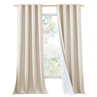 NICETOWN 100% Absolutely Blackout Linen Curtains with Thermal Insulated White Liner, 52" W, 2 PCs, Beige, 108" Long Drapes Sweep The Floor Decorative Keep Privacy Panels for Living Room/Villa/Bedroom