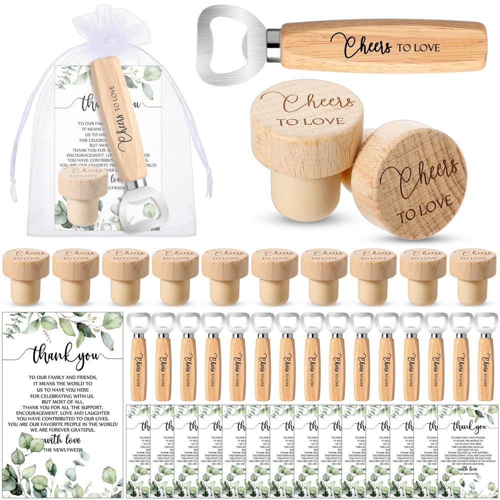 Barydat 36 Sets Wedding Favors for Guests Bulk Engraved Wood Wine Corks Beer Bottle Openers with Wedding Thank You Cards Organza Bags Cheers to Love Appreciation Gifts Bridal Shower Souvenirs