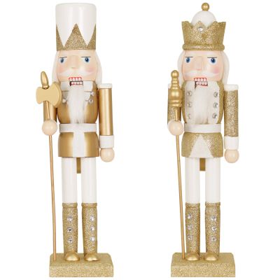 SUNSHINE DECOR Nutcracker Christmas Decor Set of 2 15-Inch Wooden King and Soldier Light Gold Nutcracker Figure Ornaments for Table Mantel Chrismtas Tree Decorations