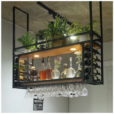 Ceiling Wine Glass Rack, Wine Glass Holder, Hanging Wine Rack with Glass Holder and Shelf, Metal Ceiling Shelf with Guardrails, Goblet Stemware Racks, Black Metal Ceiling Shelf for Bar Cafe Kitchen (