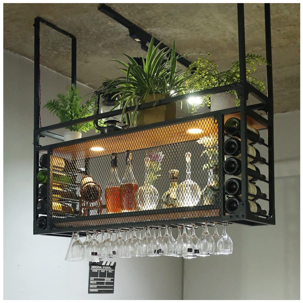 Ceiling Wine Glass Rack, Wine Glass Holder, Hanging Wine Rack with Glass Holder and Shelf, Metal Ceiling Shelf with Guardrails, Goblet Stemware Racks, Black Metal Ceiling Shelf for Bar Cafe Kitchen (