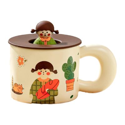300ml/10oz Creative retro girl ceramic mug microwave available cartoon water cup with lid coffee cup for office home-Bread cactus girl with lid-301-400ml