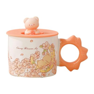 300ml/10oz Lovely Cherry Blossom Bear Ceramic Mug with Lid Couple Home Office Coffee Cup for office home restaurant-B-style Moon with Cover-301-400ml