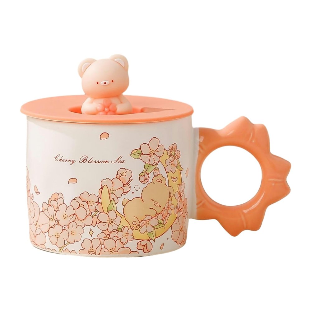 300ml/10oz Lovely Cherry Blossom Bear Ceramic Mug with Lid Couple Home Office Coffee Cup for office home restaurant-B-style Moon with Cover-301-400ml