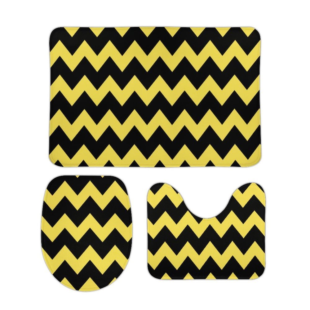 3 Pieces Bath Rug Sets, Gold Yellow Black Chevron Stripes Bathroom Rug Set Non Slip & Soft Absorbent Bath Carpet, U Shaped Contour Rug & Toilet Lid Cover