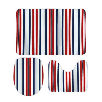 3 Pieces Bath Rug Sets, Navy Blue, Red, White Striped Nautical Bathroom Rug Set Non Slip & Soft Absorbent Bath Carpet, U Shaped Contour Rug & Toilet Lid Cover