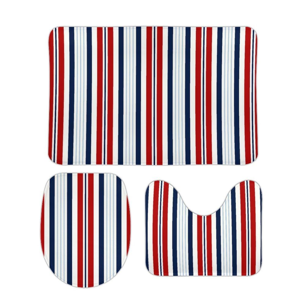 3 Pieces Bath Rug Sets, Navy Blue, Red, White Striped Nautical Bathroom Rug Set Non Slip & Soft Absorbent Bath Carpet, U Shaped Contour Rug & Toilet Lid Cover