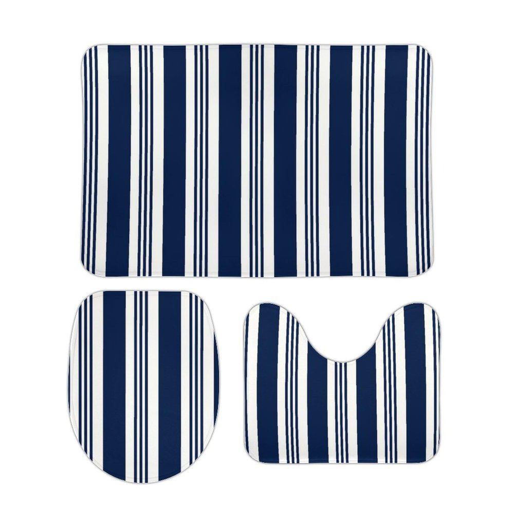 3 Pieces Bath Rug Sets, Navy Blue and White Striped Bathroom Rug Set Non Slip & Soft Absorbent Bath Carpet, U Shaped Contour Rug & Toilet Lid Cover