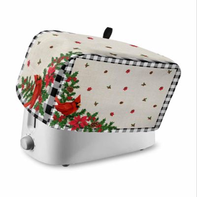 Christmas Bird Toaster Cover 2 Slice, Small Kitchen Appliance Covers, White Plaid Poinsettia Pine Cones Toaster Oven Cover with Loop, Bread Machine Cover Polyester Dust Cover Protection
