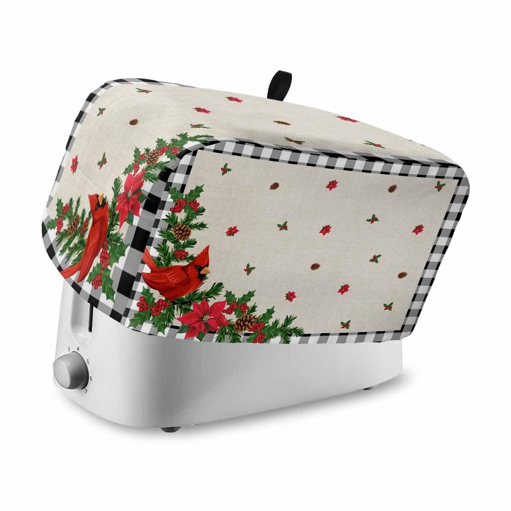 Christmas Bird Toaster Cover 2 Slice, Small Kitchen Appliance Covers, White Plaid Poinsettia Pine Cones Toaster Oven Cover with Loop, Bread Machine Cover Polyester Dust Cover Protection
