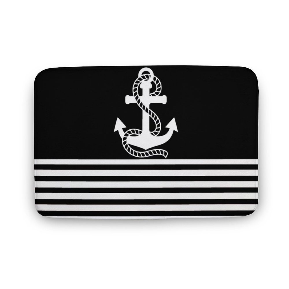 Luxury Elegant Bathroom Rugs, Nautical Black White Stripes and White Anchor Bath Mat Non Slip & Absorbent Bath Carpet for Bathroom (20 x 32inch)